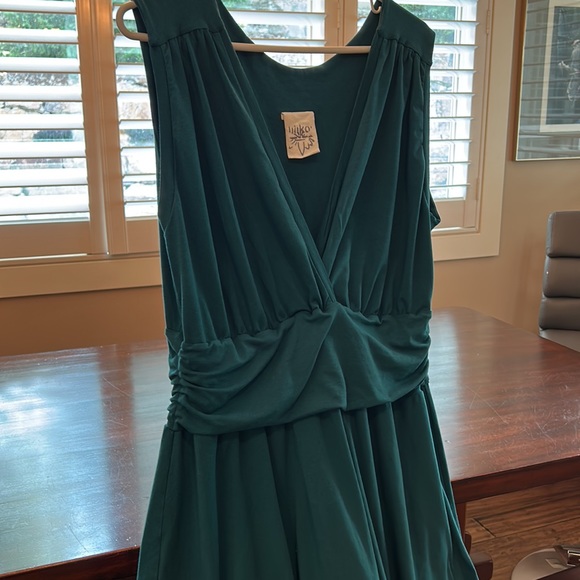Teal dress 1X EUC soft cotton fit and flare midi v-neck ruching sleeveless - Picture 3 of 8